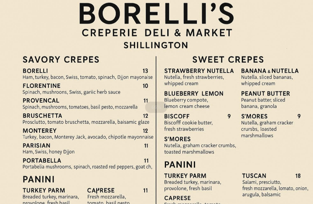 borelli's creperie deli & market shillington menu